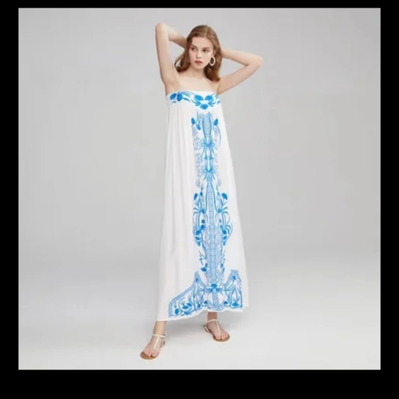Chic White and Blue Strapless Maxi Dress - Picture 1 of 16